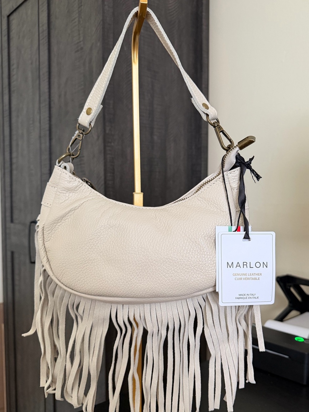 Marlon Italian leather color ivory shoulder bag w crossbody strap